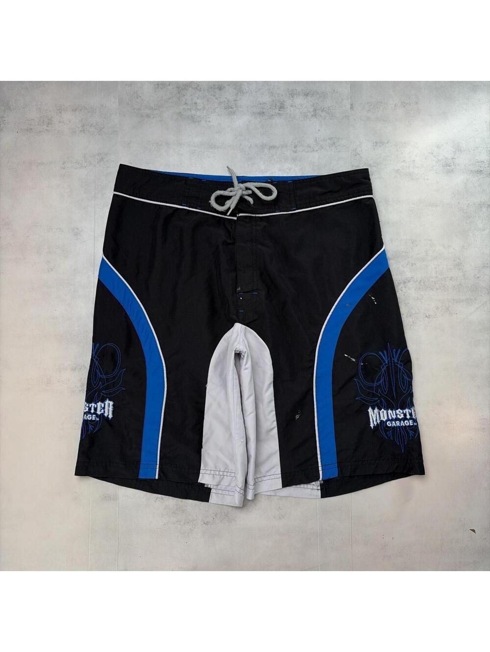 Y2K Black Monster Garage Grunge Distressed Baggy Board Shorts